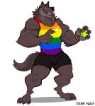 2022 absurd_res anthro artist_name ball barefoot biceps big_muscles bottomwear bracelet canid canine canis claws clothed clothing darknaigart digitigrade eyebrows feet fur gesture hi_res holding_ball holding_object inviting jewelry lgbt_pride looking_at_viewer male mammal muscular muscular_anthro muscular_male open_mouth open_smile pointing pride_color_clothing pride_color_tank_top pride_color_topwear pride_colors rainbow_pride_colors shadow shirt shorts simple_background smile solo standing tank_top teeth tennis_ball tongue topwear tuft white_background wolf 