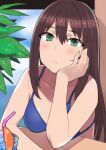  1girl bare_shoulders bikini bikini_top_only blue_bikini blue_swimsuit blush brown_hair cup drinking_glass drinking_straw eyebrows_hidden_by_hair food fruit green_eyes hand_on_own_face idolmaster idolmaster_cinderella_girls leaf long_hair looking_at_viewer shibuya_rin sky solo swimsuit yu_65026 