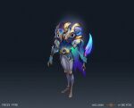  1boy alternate_costume armor artist_name black_background blue_skin cape colored_skin full_body glowing glowing_eyes gradient gradient_background green_skin grey_background grey_pants helmet holding holding_knife knife league_of_legends male_focus mask pants pisces pyke_(league_of_legends) see_you shoulder_armor solo space_print starry_sky_print 