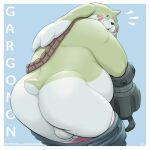  1:1 2022 absurd_res anthro balls bandai_namco belly big_belly big_butt black_nose bodily_fluids butt digimon digimon_(species) dudebulge facial_hair gargomon genitals green_body hi_res male mustache overweight overweight_male penis solo surprise sweat white_body 