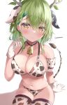  1girl absurdres animal_ears animal_print antlers arm_garter bad_perspective bell bikini black_choker blush branch breasts ceres_fauna choker cleavage closed_mouth cow_ears cow_print cowbell dot_nose floppy_ears flower gloves green_hair hair_flower hair_ornament hand_up highres hololive hololive_english large_breasts leaf looking_at_viewer mole mole_under_eye navel neck_bell print_bikini print_legwear raised_eyebrows rokusketch sitting solo stomach swimsuit thighhighs virtual_youtuber white_gloves yellow_eyes 