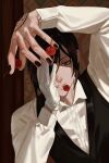  1boy absurdres black_hair black_nails butler cherry food fruit gloves highres holding holding_food holding_fruit kuroshitsuji long_sleeves looking_at_viewer male_focus mouth_hold red_eyes shiwo1111 solo tattoo white_gloves 