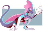  blue_body blue_tail grey_body grey_tail imperatorcaesar inteleon looking_at_viewer mouth_closed narrowed_eyes nintendo pink_cape pok&eacute;mon pok&eacute;mon_(species) pose simple_background solo unsigned video_games white_body yellow_eyes 