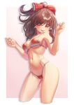  1girl bikini black_hair bow brown_hair commentary_request contrapposto cowboy_shot creape cropped_legs hair_bow hakurei_reimu highres looking_at_viewer medium_hair red_bikini red_bow red_eyes sidelocks solo standing swimsuit touhou 