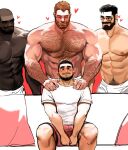  4boys abs bara beard black_eyes black_hair blush closed_eyes couch dark-skinned_male dark_skin dopey_(dopq) facial_hair hairy heart highres large_pectorals looking_at_viewer male_focus manly mature_male multiple_boys muscular muscular_male navel navel_hair nipples original pectorals pillow red_hair shirt shorts sitting size_difference smile t-shirt topless_male towel towel_around_waist yaoi 