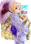  1girl alice_zuberg alternate_costume blonde_hair blue_eyes blue_kimono cowboy_shot floral_print from_side hairband highres holding holding_umbrella japanese_clothes kimono looking_at_viewer oil-paper_umbrella parted_lips print_kimono shi-2 shiny shiny_hair short_hair_with_long_locks sidelocks solo standing sword_art_online twitter_username umbrella white_hairband 