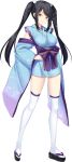  1girl artwhirl_mahou_gakuen_no_otome-tachi bangs black_hair blue_kimono blue_sleeves closed_mouth detached_sleeves full_body hair_bobbles hair_ornament highres japanese_clothes kimono len_(artwhirl) long_hair long_sleeves looking_at_viewer red_eyes shiny shiny_hair short_kimono sleeveless sleeveless_kimono smile solo standing swept_bangs tabi tachi-e thighhighs transparent_background twintails very_long_hair white_thighhighs wide_sleeves zettai_ryouiki zinno 