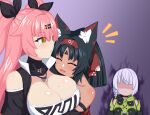  3girls :d ^_^ absurdres anby_demara animal_ear_fluff animal_ears bangs bare_shoulders black_hair black_ribbon blush braid breasts cleavage closed_eyes clothing_cutout commentary dark_skin english_commentary facial_mark fang forehead_mark green_eyes hair_ornament hair_ribbon hairband hairclip highres jealous large_breasts long_hair looking_at_another mole mole_on_breast multiple_girls nekomiya_mana nicole_demara open_mouth parted_lips pink_hair purple_background red_hairband ribbon shaded_face shikniful shoulder_cutout single_braid skin_fang smile strapless tube_top two_side_up upper_body white_hair yuri zenless_zone_zero 