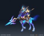  1boy alternate_costume armor artist_name black_background bow_(weapon) centaur character_name clenched_hand colored_skin gradient gradient_background green_skin grey_background hecarim holding holding_polearm holding_weapon hooves lance league_of_legends no_shirt polearm purple_skin sagittarius see_you shoulder_armor solo taur weapon 