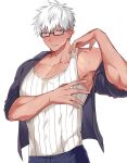  1boy alternate_costume archer_(fate) archernuna armpits bara blush collared_shirt dark-skinned_male dark_skin fate/grand_order fate_(series) feet_out_of_frame glasses grey_eyes male_focus manly mature_male muscular muscular_male open_clothes open_shirt pectorals shirt short_hair simple_background solo spiked_hair sweat sweatdrop tank_top teeth upper_body white_background white_hair 