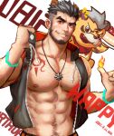  1boy abs alca_(wakatanka4) animal_ears bandaid bandaid_on_cheek bandaid_on_face bara bare_pectorals black_hair chest_hair chest_tattoo facial_hair greenteaa gyee happy_birthday highres jewelry large_pectorals lion_boy lion_ears male_focus muscular muscular_male navel necklace nipples open_clothes pectorals short_hair smile solo tattoo teeth undercut upper_body 