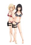  2girls absurdres arm_behind_back arms_behind_back barefoot bikini black_hair blonde_hair blue_bikini blush breasts cleavage closed_mouth finger_to_mouth full_body gun hand_up handgun highres holster index_finger_raised inoue_takina layered_bikini legs long_hair looking_at_viewer lycoris_recoil medium_breasts multiple_girls navel nishikigi_chisato one_side_up purple_eyes red_bikini red_eyes short_hair shushing simple_background smile stomach swimsuit tetsuado thigh_holster thighs underboob weapon white_background 