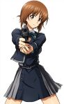  1girl belt black_belt blue_dress brown_eyes brown_hair collared_shirt commentary cosplay cowboy_shot dress finger_on_trigger girls_und_panzer green_ribbon grey_dress gun handgun head_tilt highres holding holding_gun holding_weapon inoue_takina inoue_takina_(cosplay) looking_at_viewer lycoris_recoil lycoris_uniform neck_ribbon nishizumi_miho omachi_(slabco) pleated_dress ribbon shirt short_hair simple_background solo two-tone_dress upper_body v-shaped_eyebrows weapon white_background white_shirt 