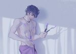  1boy bangs closed_eyes closed_mouth dog_tags highres holding indoors jewelry littletreeee marius_von_hagen_(tears_of_themis) muscular muscular_male naked_towel necklace purple_hair shadow short_hair solo tears_of_themis topless_male towel 