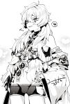  absurdres androgynous bishounen girly_boy hand_on_hip hannya hannya_(onmyoji) heart highres long_hair monochrome moto_mitsuashi onmyoji otoko_no_ko shorts tongue tongue_out upper_body vengeful_hannya_(onmyoji) 