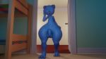  16:9 3d_(artwork) anthro balls big_butt blue_body bottomless butt cartoon_network clothed clothing digital_media_(artwork) domestic_cat felid feline felis genitals gumball_watterson hi_res huge_butt male mammal nude oldsoup penis solo the_amazing_world_of_gumball thick_thighs tired wide_hips widescreen 