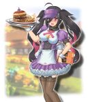  1girl ahoge apron black_collar black_hair breasts burger cleavage cleavage_cutout clothing_cutout collar colored_inner_hair dress fang food french_fries frilled_dress frills garter_straps hair_over_one_eye highres large_breasts long_hair menu multicolored_hair nijisanji open_mouth pink_hair plate pointy_ears puffy_short_sleeves puffy_sleeves purple_dress purple_eyes shio_no.9 short_dress short_sleeves skin_fang smile solo thighhighs tray twintails two-tone_hair virtual_youtuber visor_cap waist_apron waitress wrist_cuffs yamiyono_moruru 
