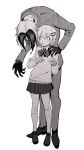  1boy 1girl absurdres bangs black_gloves boots breasts calf_socks cardigan claws collared_shirt formal full_body gloves greyscale hair_between_eyes hair_ornament hairclip hands_up highres jacket katsuragi_yako leaning_forward loafers long_sleeves looking_at_another ma2_ereki majin_tantei_nougami_neuro monochrome multicolored_hair neck_ribbon nougami_neuro open_mouth pants parted_bangs pleated_skirt ribbon school_uniform shirt shoes short_hair skirt small_breasts standing suit sweatdrop two-tone_hair white_background 
