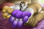  4_toes absurd_res anthro areola bed breasts butt canid canine cinnahbunn claws feet female foot_focus furniture hi_res looking_at_viewer mammal nipples nude pawpads paws soles solo toe_claws toes 