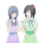  1kudamo1 2girls bangs black_hair blue_hair blush closed_eyes closed_mouth collared_shirt dress green_dress hand_up hibike!_euphonium holding_hands kasaki_nozomi liz_to_aoi_tori long_hair multiple_girls neck_ribbon pink_eyes ponytail purple_dress ribbon shirt short_sleeves simple_background smile standing white_background white_shirt yoroizuka_mizore 