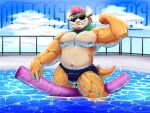  2022 anthro artist_name barazoku beard belly biceps big_muscles bowser bowser_day bulge clothing cloud day eyebrows eyewear facial_hair fence flexing flotation_device glistening glistening_body hair horn koopa looking_at_viewer male mario_bros musclegut muscular muscular_anthro muscular_male navel nintendo nipples non-mammal_nipples obliques outcast-stars partially_submerged partially_submerged_legs pecs pool_noodle pool_toy quads scalie sky smile smirk solo sparkles speedo spiked_tail spikes spikes_(anatomy) standing sunglasses swimming_pool swimwear teeth thick_thighs vein video_games water wet wet_body 