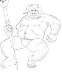  2022 anthro armpit_hair body_hair bulge clothing domestic_pig ganon hi_res humanoid_hands kamui_shirow kemono male mammal monochrome moobs nintendo nipples overweight overweight_male scar simple_background solo suid suina sus_(pig) the_legend_of_zelda underwear video_games 