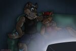 age_difference anthro ash_cinder canid canine canis coyote coywolf dire_wolf duo father father_and_child father_and_son furniture heffalumpjump hi_res hybrid male male/male mammal parent parent_and_child sofa son strannik television wolf 