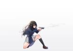  1girl absurdres black_hair blue_dress brown_footwear dress full_body gradient gradient_background grey_background gun handgun highres holding holding_gun holding_weapon inoue_takina kneeling loafers long_hair long_sleeves lycoris_recoil purple_eyes ringobatake shoes socks solo thighs two-tone_dress uniform weapon 