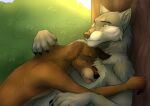  anthro black_nose brown_body brown_fur bush_(disambiguation) claws duo embrace eyebrows eyes_closed fur grey_body grey_fur hi_res keilthemongrel male resting smile soyuzmultfilm there_once_was_a_dog yellow_eyes 