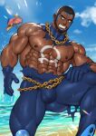  1boy abs absurdres bara beard black_hair blue_bodysuit blue_eyes bodysuit bulge chain chain_belt chain_necklace cloud dark-skinned_male dark_skin day facial_hair highres jewelry large_pectorals male_focus matt_(pokemon) muscular muscular_male navel necklace nipples outdoors pectorals pokemon pokemon_(game) pokemon_oras short_hair sky smile solo suyohara teeth torn_bodysuit torn_clothes very_short_hair wetsuit 