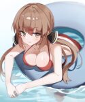  1girl absurdres bare_arms bare_legs bare_shoulders bikini black_bow blush bow breasts brown_eyes brown_hair closed_mouth collarbone fathom hair_between_eyes hair_bow hair_ornament hairclip highres innertube kantai_collection large_breasts long_hair low_twintails partially_submerged red_bikini smile solo swimsuit tashkent_(kancolle) twintails water 