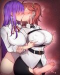  2girls ahoge bb_(fate) belt belt_buckle black_pants blush breasts buckle censored covered_nipples cowboy_shot erection faceless faceless_female fate/grand_order fate_(series) french_kiss fujimaru_ritsuka_(female) futa_with_female futanari gradient gradient_background groin heart highres holding_another&#039;s_wrist huge_breasts kiss long_hair long_sleeves mosaic_censoring multiple_girls neck_ribbon nipple_tweak no_panties one_side_up pants penis_outside pink_background purple_hair red_hair red_ribbon ribbon rikuguma short_hair torn_clothes torn_pants 