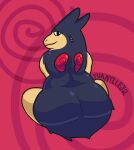  2022 anthro big_butt bodily_fluids butt butt_focus curvy_figure female fur_clothing hi_res looking_at_viewer looking_back looking_back_at_viewer mammal nintendo one_eye_obstructed pok&eacute;mon pok&eacute;mon_(species) presenting presenting_hindquarters rear_view red_background simple_background sitting slightly_chubby smile smiling_at_viewer solo spiral sweat thick_thighs tuanyllej2 typhlosion video_games watermark wide_hips 