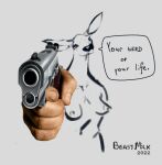  beastmilk breasts cervid cervine dialogue female gun invalid_tag low_res mammal ranged_weapon sketch weapon 