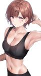  1girl absurdres armpits bangs bare_shoulders black_sports_bra blush breasts brown_hair cleavage closed_mouth collarbone hair_ornament hairclip hand_up highres higuchi_madoka idolmaster idolmaster_shiny_colors large_breasts looking_at_viewer mole mole_under_eye navel pol_winner purple_eyes short_hair simple_background sleeveless solo sports_bra sweat white_background 
