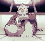  2022 alcohol anthro asian_clothing beer beverage blush bulge can clothing container detailed_background east_asian_clothing gouryou hi_res inside japanese_clothing kemono lifewonders male mammal overweight overweight_male sitting solo suid suina sus_(pig) tokyo_afterschool_summoners umekemo42 underwear video_games wild_boar 