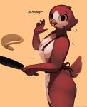  anthro apron apron_only avian beak bird blossom_(chickhawk96) breasts chickhawk96 clothing cooking cookware feathers female food frying_pan gesture hi_res holding_object kitchen_utensils looking_at_viewer mostly_nude open_mouth pancake red_body red_eyes red_feathers simple_background solo standing text tools waving waving_at_viewer white_body 