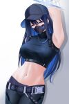  1girl arm_behind_head arm_up armpits bare_arms baseball_cap belt black_hair black_headwear black_mask black_shirt blue_archive blue_eyes blue_hair breasts cleavage cowboy_shot crop_top english_text gradient_hair halo hat highres large_breasts legs_together long_hair looking_at_viewer mask midriff multicolored_hair navel pants saori_(blue_archive) shirt sleeveless sleeveless_shirt smitcuk snap-fit_buckle solo star_(symbol) stomach 