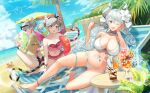  3girls :o ;d alternate_costume anklet arianna_the_labrynth_servant arianne_the_labrynth_servant ass_visible_through_thighs bangs bare_shoulders barefoot beach beach_chair beach_umbrella bikini bikini_skirt black_bikini black_hairband blue_sky blush breasts choker cleavage closed_mouth cloud collarbone commentary_request crab day demon_girl demon_horns demon_wings double_bun duel_monster earrings eyewear_on_head facial_mark full_body green_eyes green_tail green_wings grey_eyes grey_hair hair_between_eyes hair_bobbles hair_bun hair_ornament hairband head_rest heart heart_earrings highres holding holding_innertube holding_spoon horns hsin innertube jacket jewelry kneeling large_breasts looking_at_viewer lovely_labrynth_of_the_silver_castle low_wings lying medium_breasts multiple_girls multiple_wings navel ocean off_shoulder on_back one_eye_closed open_clothes open_jacket open_mouth outdoors palm_tree parfait pink_bikini pink_eyes pink_skirt pink_tail pink_wings pointy_ears see-through see-through_jacket shadow sidelocks skirt sky smile spoon squatting stomach sunglasses swimsuit table tail thigh_strap transparent_wings tree twintails umbrella v white_bikini white_choker white_hair white_jacket wings wrist_wrap wristband yu-gi-oh! 
