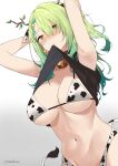  1girl absurdres animal_ears animal_print antlers bangs bell bikini braid breasts ceres_fauna cow_ears cow_girl cow_print flower green_hair hair_flower hair_ornament highres hololive hololive_english large_breasts long_hair looking_at_viewer mouth_hold mush_(mushlicious) navel neck_bell sweat swimsuit tail virtual_youtuber yellow_eyes 
