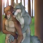  anthro blue_eyes blush brown_body brown_fur caress duo fur grass grey_body grey_fur hi_res holding_arm keilthemongrel licking licking_another looking_back male male/male neck_lick plant soyuzmultfilm there_once_was_a_dog tongue tongue_out tree yellow_eyes 