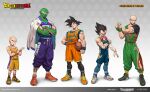  5boys :d alternate_costume artist_name bald bandaid bandaid_on_head bangs bare_shoulders basketball basketball_uniform black_hair black_shirt blue_shirt blue_shorts brown_footwear collarbone colored_skin copyright_name crossed_arms dated dragon_ball extra_eyes full_body gradient gradient_background green_pants green_shirt green_skin grey_background grey_jacket headphones headphones_around_neck height_difference highres jacket jacket_on_shoulders kuririn long_hair looking_at_viewer male_focus multiple_boys muscular muscular_male open_mouth orange_footwear orange_shirt orange_shorts orange_vest pants piccolo pointy_ears purple_pants purple_shirt see_you serious shirt shoes short_sleeves shorts smile son_goku spiked_hair sportswear standing tenshinhan vegeta vest white_footwear wristband 