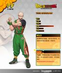  1boy alternate_costume artist_name bald basketball_uniform black_shirt brown_footwear character_name collarbone copyright_name dated dragon_ball extra_eyes gradient gradient_background green_pants green_shirt grey_background highres looking_at_viewer male_focus muscular muscular_male pants see_you shirt shoes short_sleeves smile solo sportswear tenshinhan translation_request wristband zoom_layer 