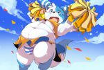  2022 anthro belly big_belly black_nose blue_body bulge canid canine cheerleader_outfit chibineco clothed clothing cloud crossdressing kemono male mammal navel outside overweight overweight_male solo underwear white_body 