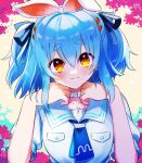  1girl :3 animal_ears bangs blue_hair blush carrot_hair_ornament choker collared_shirt fake_animal_ears food-themed_hair_ornament hair_ornament hair_ribbon hands_on_own_chin head_rest head_tilt highres hololive kill_0ggg0 looking_at_viewer neckerchief orange_eyes rabbit_ears ribbon school_uniform shirt short_sleeves solo thick_eyebrows twintails usada_pekora virtual_youtuber 