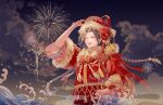  1girl absurdres arm_up bangs braid chinese_clothes chinese_new_year closed_eyes egasumi fireworks highres long_hair long_sleeves night open_mouth original outdoors parted_bangs seigaiha smile solo twin_braids upper_body wu_e_mianban_shan_xia_o_yang 