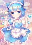  1girl :3 alternate_costume apron blue_bow blue_dress blue_eyes blue_hair blush bow cirno closed_mouth commentary_request cowboy_shot detached_wings dress enmaided fairy hair_between_eyes hair_bow highres holding holding_tray ice ice_wings maid maid_apron maid_headdress pjrmhm_coa puffy_short_sleeves puffy_sleeves short_hair short_sleeves solo touhou tray waist_apron white_apron wings 