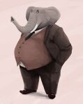  african_elephant anthro belly classy clothed clothing elephant elephantid feedtheboss grey_body grey_skin hand_in_pocket hi_res male mammal necktie obese obese_anthro obese_male overweight overweight_anthro overweight_male pockets proboscidean smile solo standing suit trunk tusks 