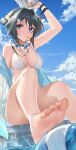  1girl absurdres arknights arm_up bare_legs bare_shoulders barefoot bikini black_hair blue_eyes breasts foot_out_of_frame goggles goggles_around_neck hair_intakes highres holding hongbaise_raw infection_monitor_(arknights) la_pluma_(arknights) la_pluma_(summer_flowers)_(arknights) medium_breasts mouth_hold short_hair sitting solo swimsuit thighs whistle white_bikini 