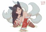  1boy ahri_(league_of_legends) all_fours animal_ears artist_name bangs black_hair breasts brown_thighhighs choker cleavage dated detached_sleeves facial_mark fox_ears fox_tail grey_background grey_eyes grin hand_up heart korean_clothes kumiho large_breasts league_of_legends long_hair long_sleeves multiple_tails see_you shiny shiny_skin simple_background smile solo tail teeth thighhighs whisker_markings 